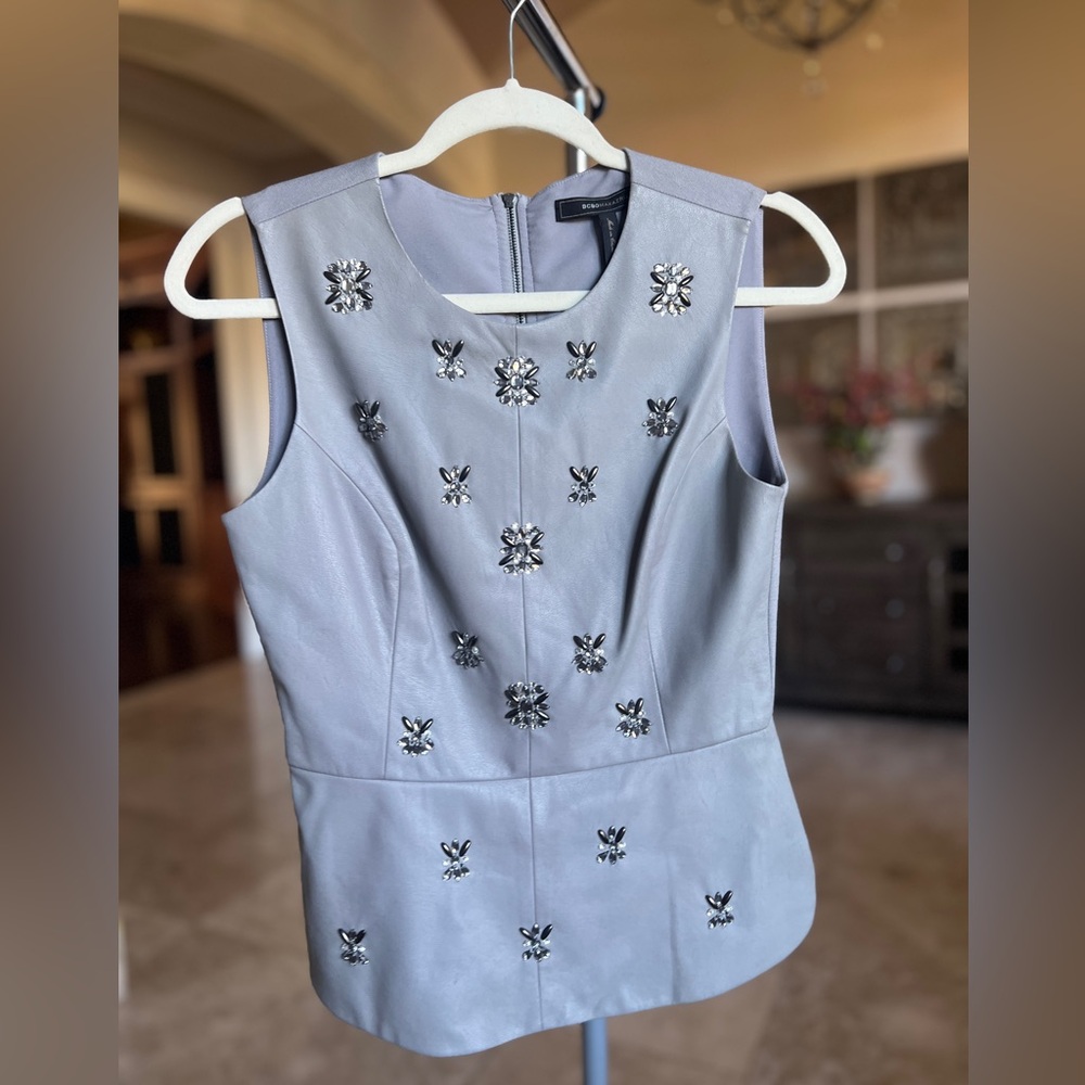 BCBGMaxAzria Beatrice Embellished Peplum Zip Top XS,  Grey -  Faux Leather